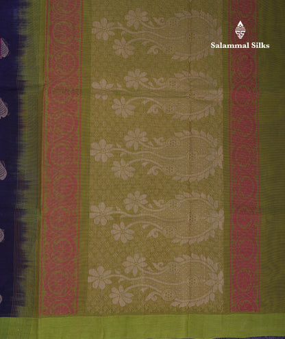 Beautiful Navy Blue Thread Work Butta Handloom Pure Cotton Saree With Contrast Parrot Green Blouse