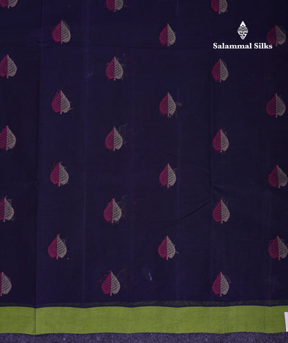 Beautiful Navy Blue Thread Work Butta Handloom Pure Cotton Saree With Contrast Parrot Green Blouse