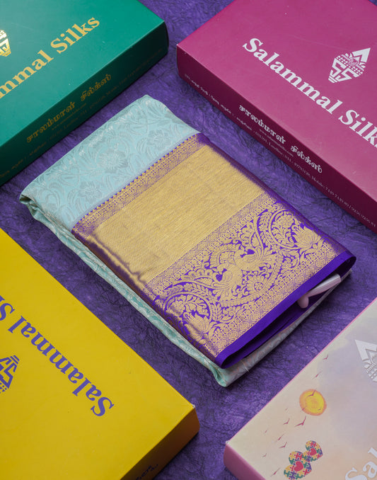 Kanjivaram Ice Blue Exclusive Bridal Silk Saree With Violet Blouse