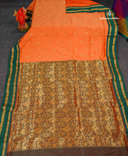 Semi Silk Saree - Light Orange Colour Body Zari Butta With Contrast Bottle Green Traditional Gap Border | 9.5 Yards 
