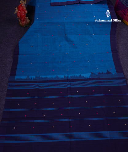 Beautiful Ramar Blue Thread Work Butta Handloom Pure Cotton Saree With Contrast Navy Blue Blouse