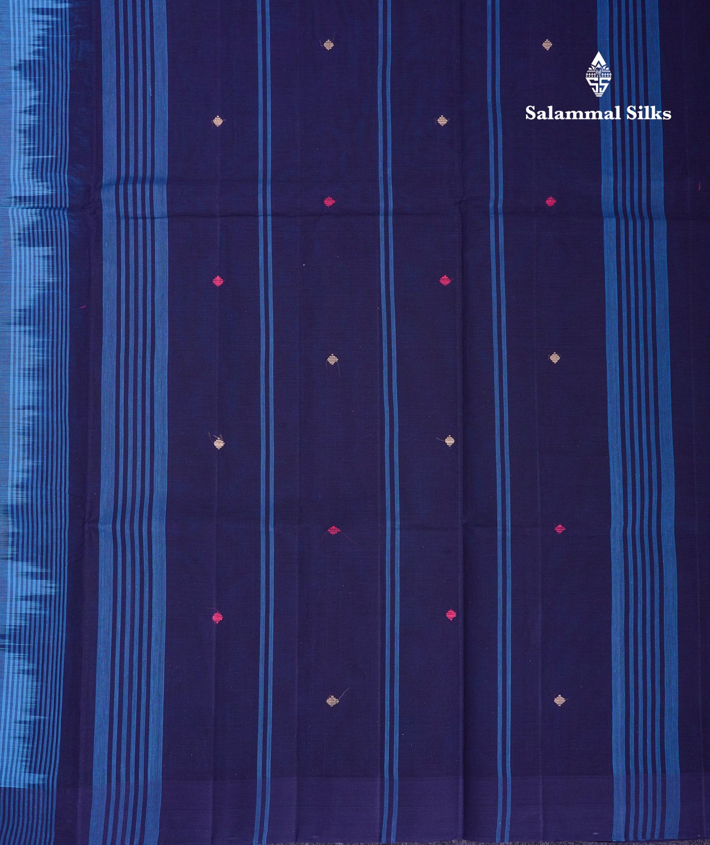 Beautiful Ramar Blue Thread Work Butta Handloom Pure Cotton Saree With Contrast Navy Blue Blouse