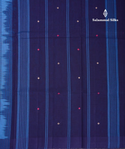 Beautiful Ramar Blue Thread Work Butta Handloom Pure Cotton Saree With Contrast Navy Blue Blouse