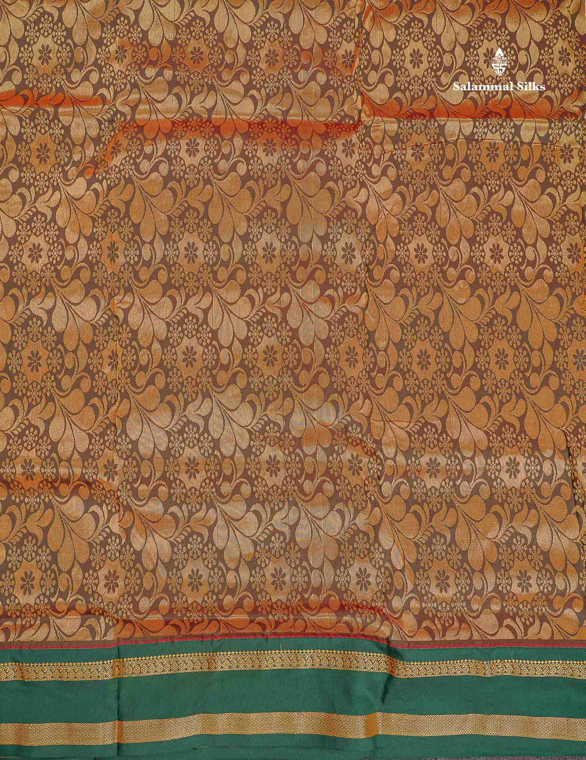 Semi Silk Saree - Light Orange Colour Body Zari Butta With Contrast Bottle Green Traditional Gap Border | 9.5 Yards