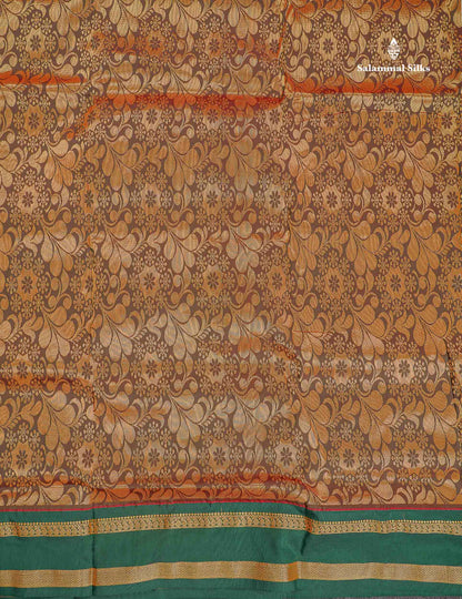 Semi Silk Saree - Light Orange Colour Body Zari Butta With Contrast Bottle Green Traditional Gap Border | 9.5 Yards