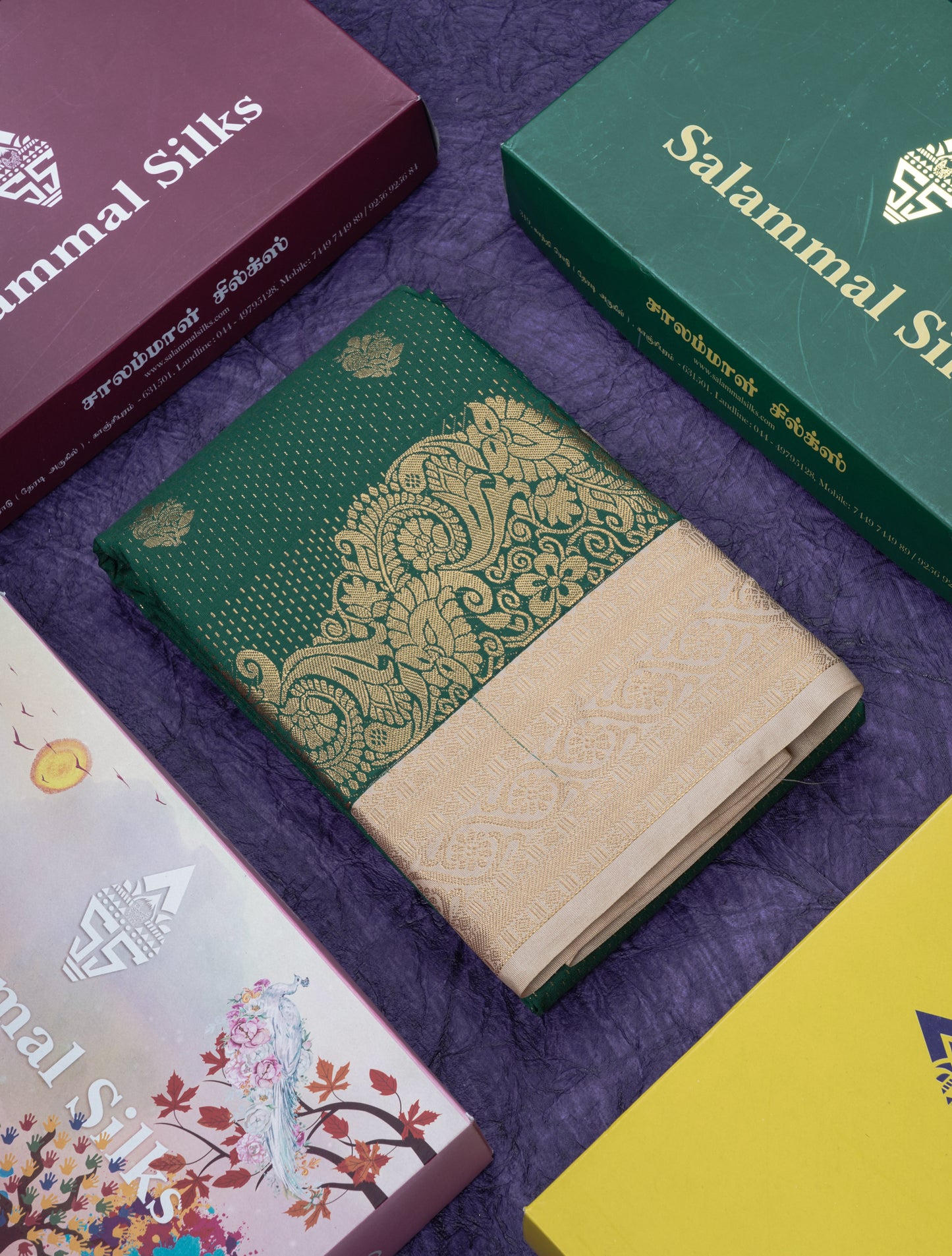 Purple Semi Silk Saree With Contrast Green Fancy Turning Border