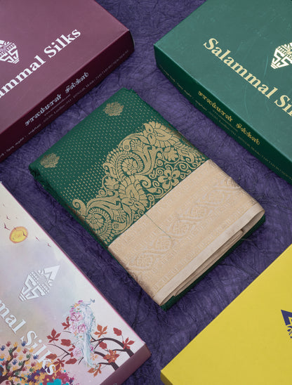 Purple Semi Silk Saree With Contrast Green Fancy Turning Border