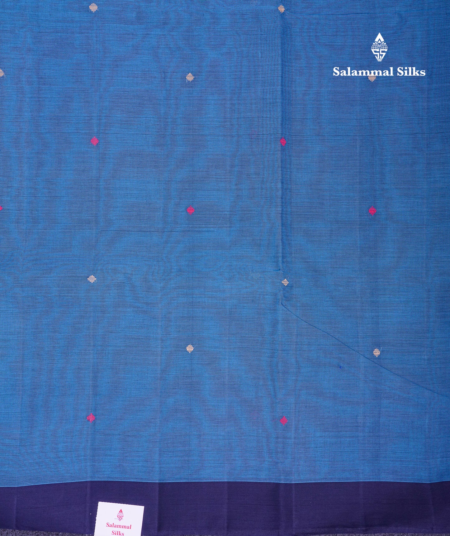 Beautiful Ramar Blue Thread Work Butta Handloom Pure Cotton Saree With Contrast Navy Blue Blouse