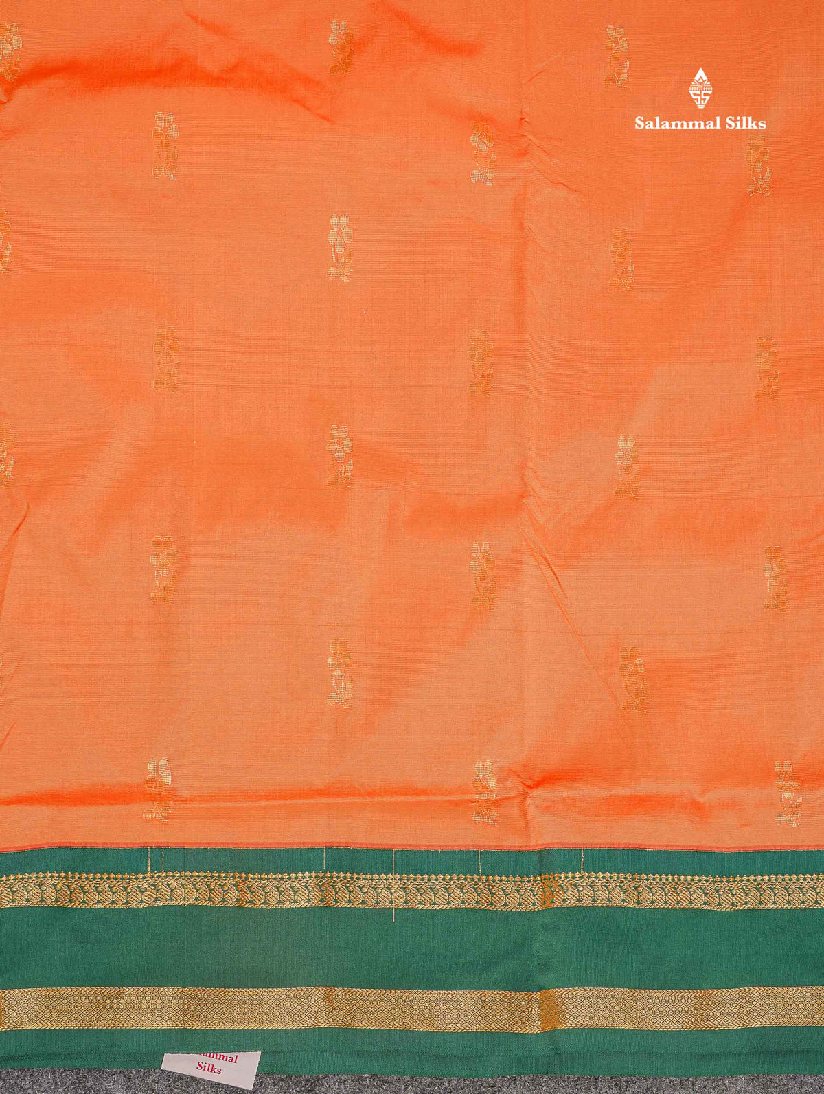 Semi Silk Saree - Light Orange Colour Body Zari Butta With Contrast Bottle Green Traditional Gap Border | 9.5 Yards
