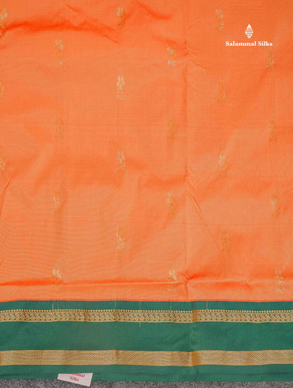 Semi Silk Saree - Light Orange Colour Body Zari Butta With Contrast Bottle Green Traditional Gap Border | 9.5 Yards