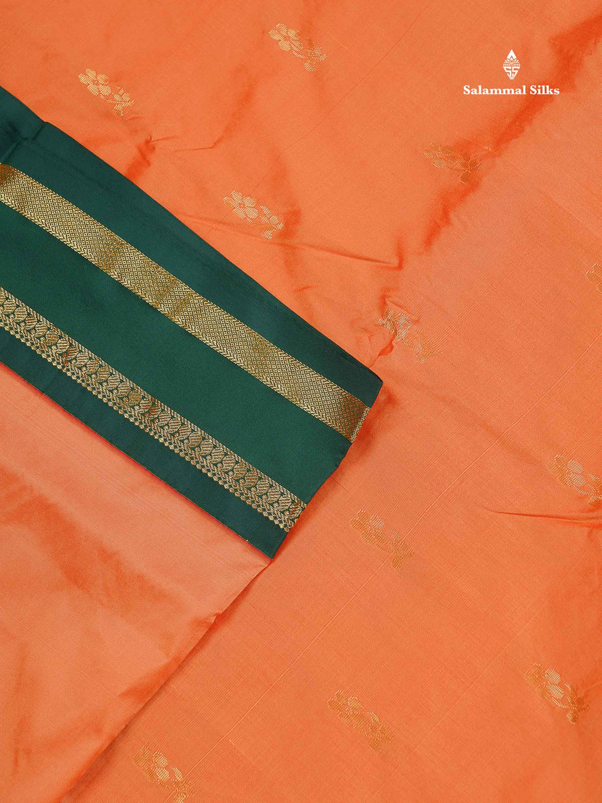 Semi Silk Saree - Light Orange Colour Body Zari Butta With Contrast Bottle Green Traditional Gap Border | 9.5 Yards