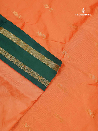 Semi Silk Saree - Light Orange Colour Body Zari Butta With Contrast Bottle Green Traditional Gap Border | 9.5 Yards