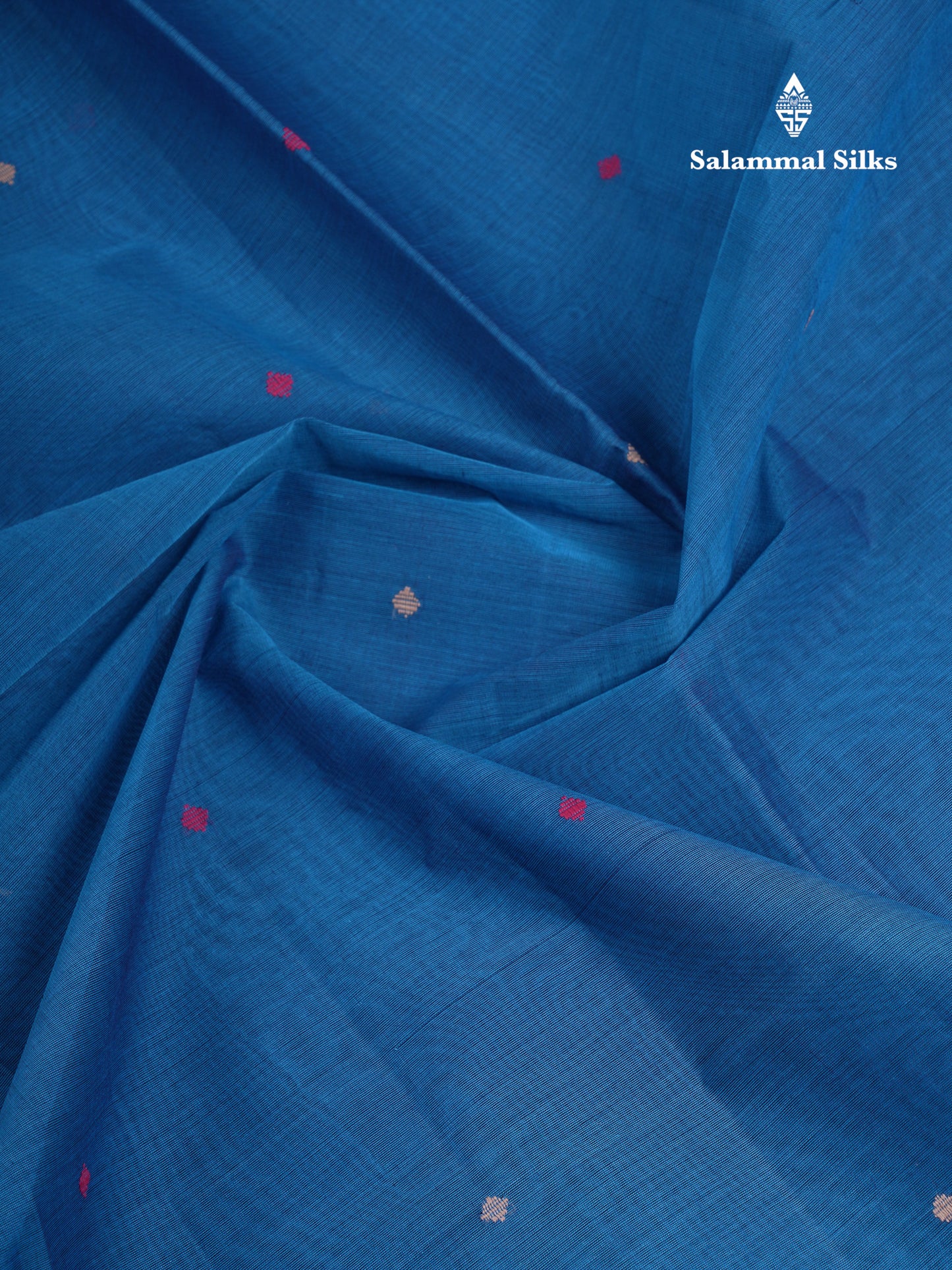 Beautiful Ramar Blue Thread Work Butta Handloom Pure Cotton Saree With Contrast Navy Blue Blouse