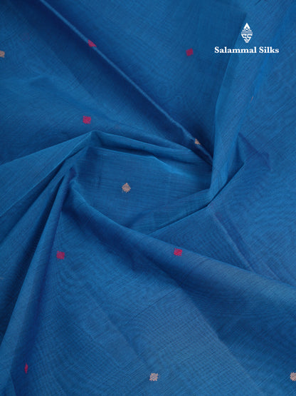 Beautiful Ramar Blue Thread Work Butta Handloom Pure Cotton Saree With Contrast Navy Blue Blouse