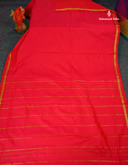 Semi Silk Saree - Dual Tone Red Colour Body Plain With Small Border | 10.5 Yards