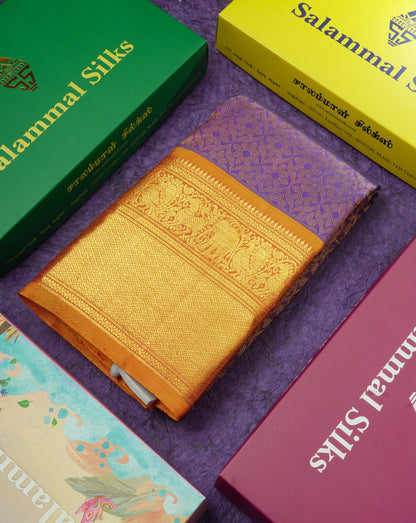 Kanjivaram Violet Grand Wedding Pure Silk Saree With Mustard Yellow Border