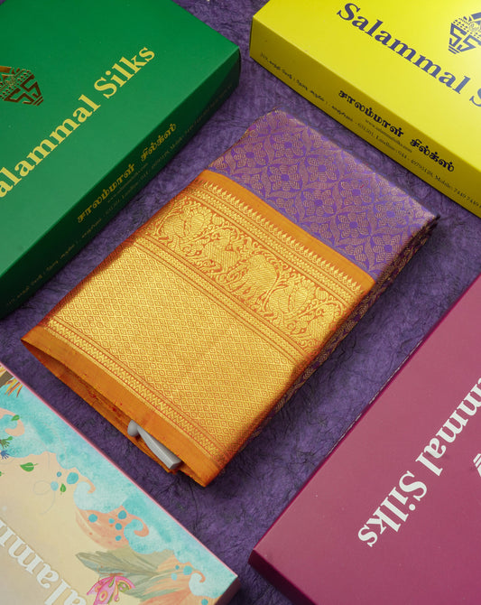 Kanjivaram Violet Grand Wedding Pure Silk Saree With Mustard Yellow Border