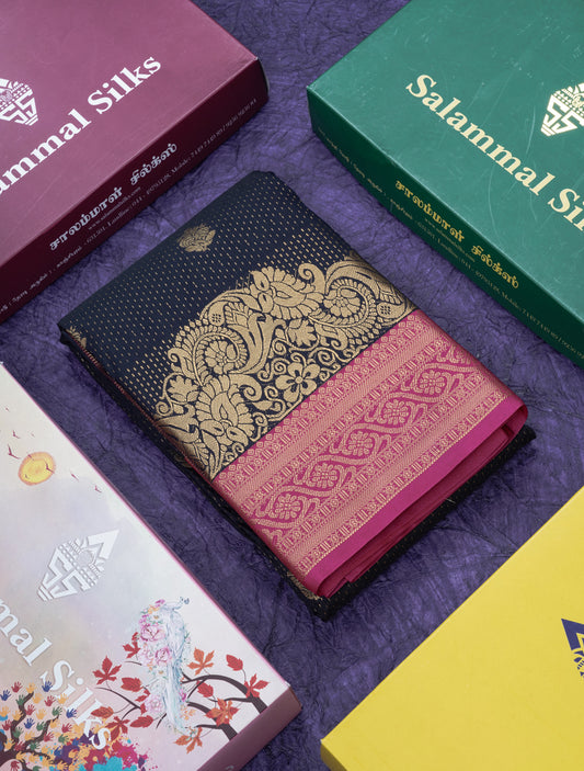 Navy Blue Semi Silk Saree With Contrast Magenta Pink Fancy Turning Border