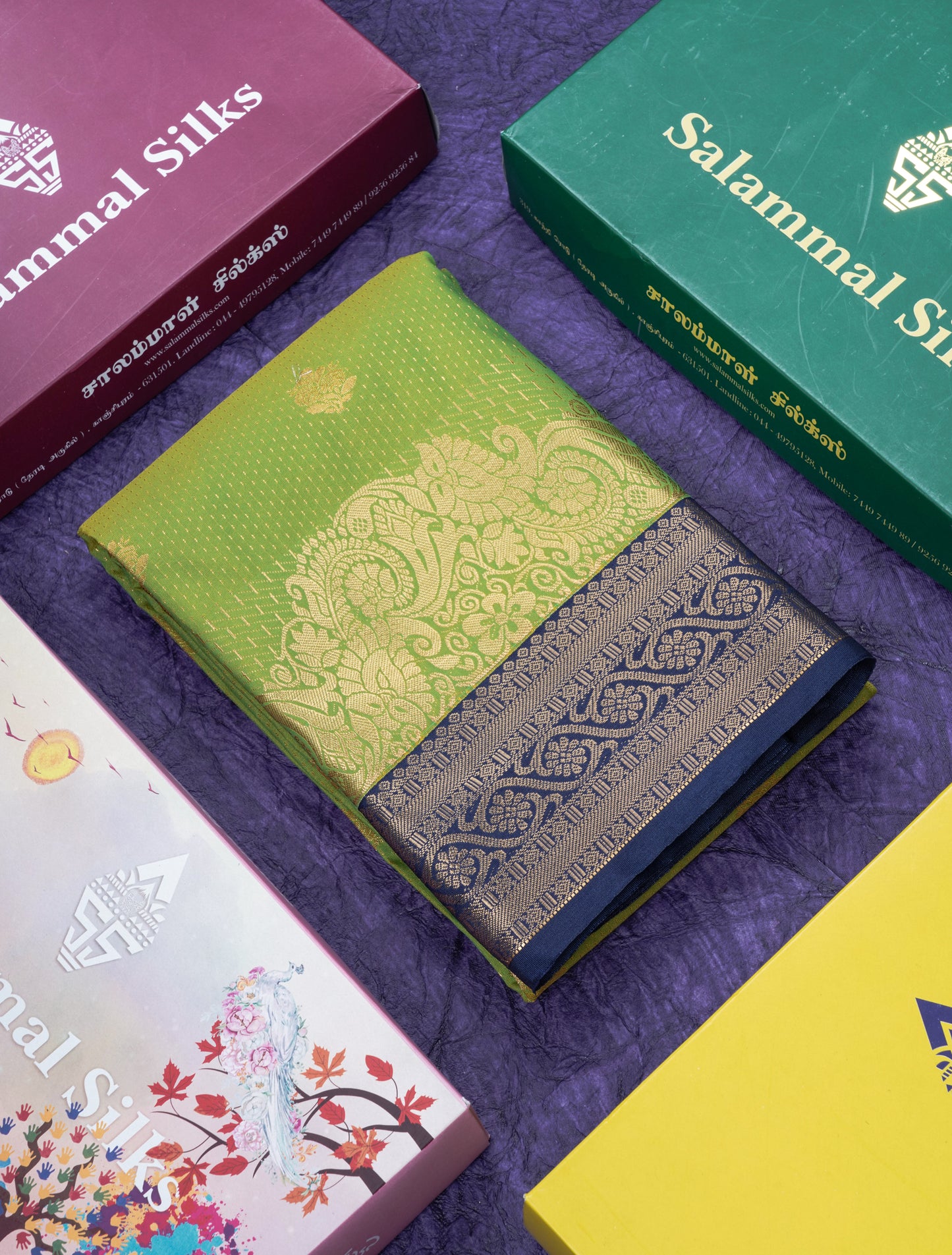 Purple Semi Silk Saree With Contrast Green Fancy Turning Border