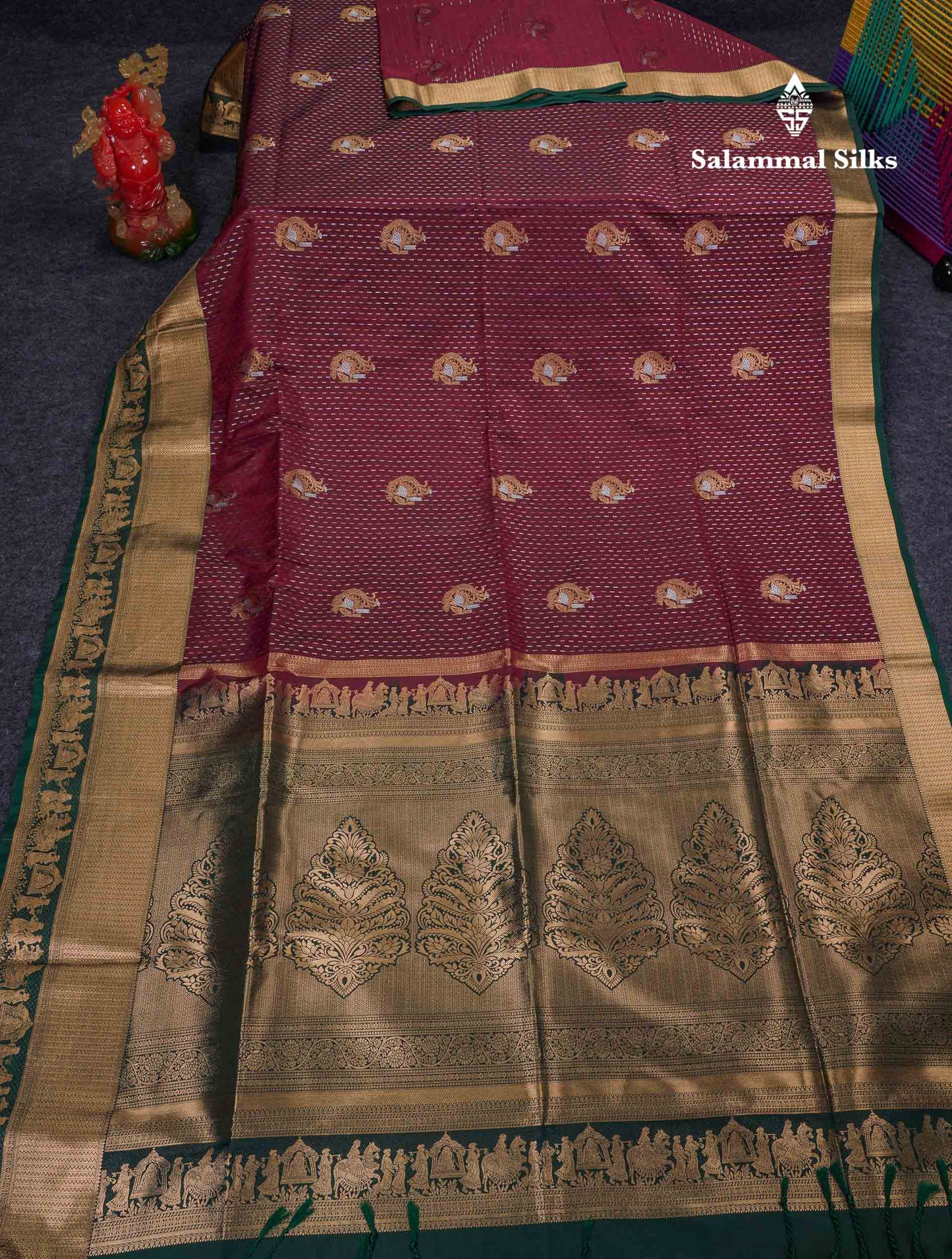 Beautiful Maroon Silver & Gold Zari Semi Soft Silk Saree With Contrast Bottle Green Traditional Pallaku  Evening Morning Border