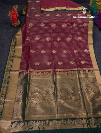 Beautiful Maroon Silver & Gold Zari Semi Soft Silk Saree With Contrast Bottle Green Traditional Pallaku  Evening Morning Border