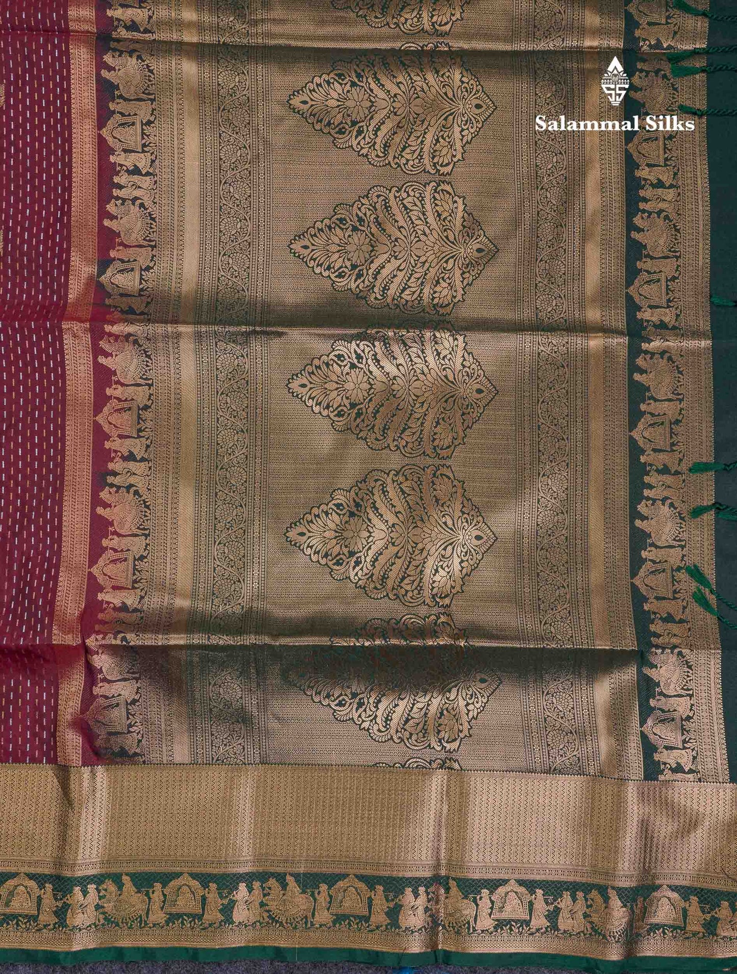 Beautiful Maroon Silver & Gold Zari Semi Soft Silk Saree With Contrast Bottle Green Traditional Pallaku  Evening Morning Border