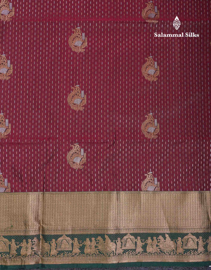 Beautiful Maroon Silver & Gold Zari Semi Soft Silk Saree With Contrast Bottle Green Traditional Pallaku  Evening Morning Border