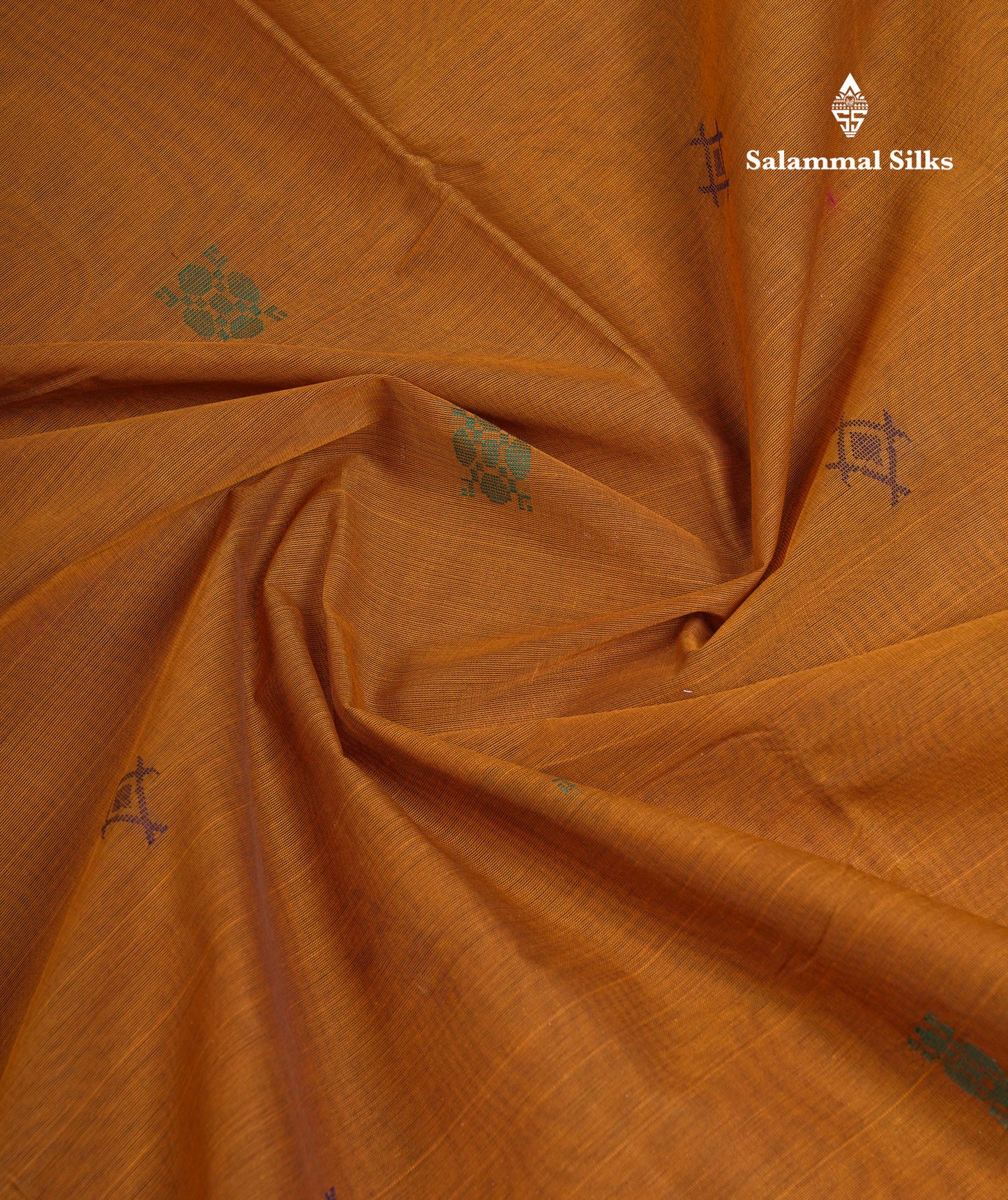 Beautiful Mustard Yellow Thread Work Butta Handloom Pure Cotton Saree With Contrast Saffire Green Blouse