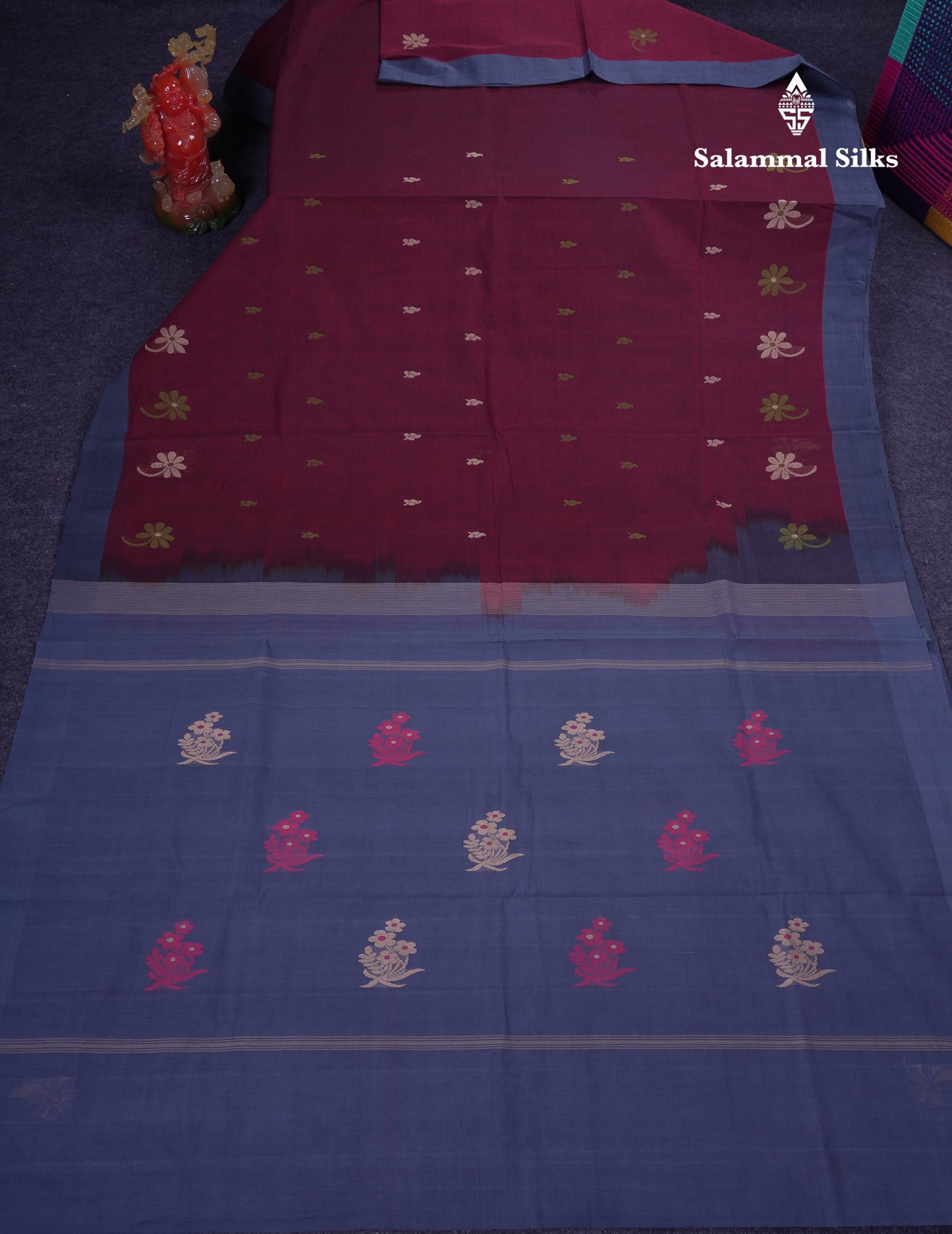 Beautiful Dark Maroon Thread Work Butta Handloom Pure Cotton Saree With Contrast Blueish Grey Blouse