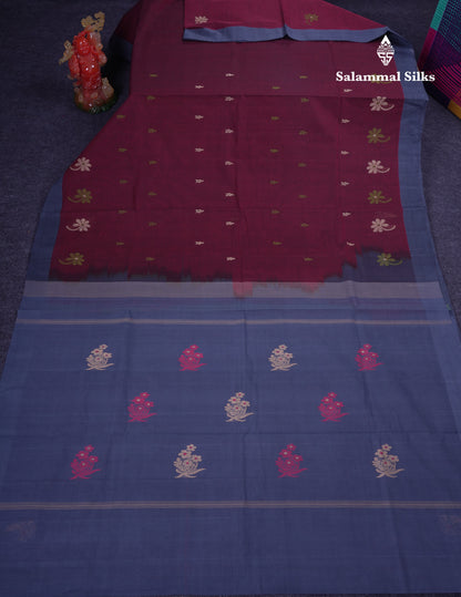 Beautiful Dark Maroon Thread Work Butta Handloom Pure Cotton Saree With Contrast Blueish Grey Blouse