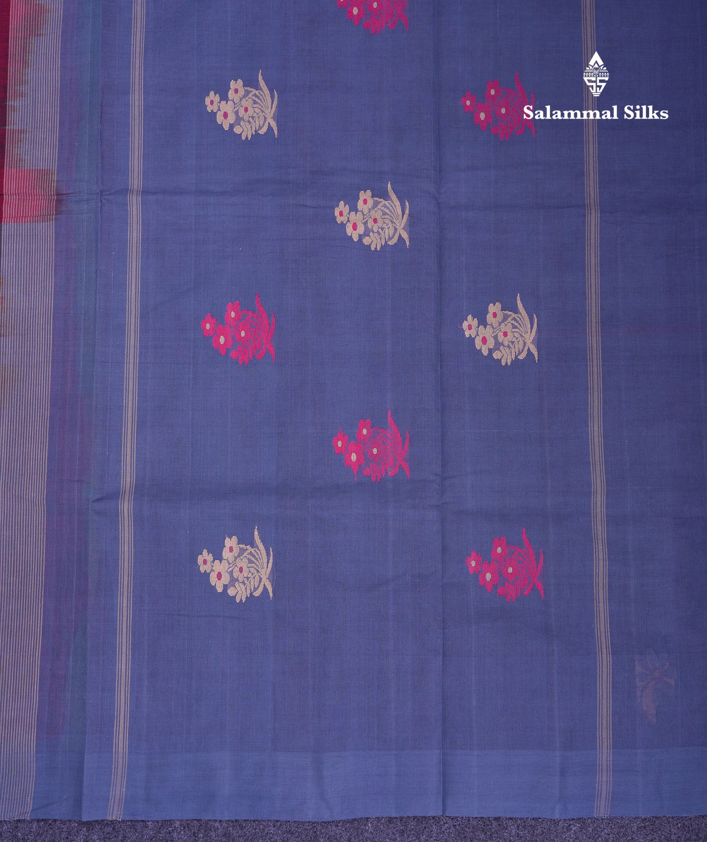 Beautiful Dark Maroon Thread Work Butta Handloom Pure Cotton Saree With Contrast Blueish Grey Blouse