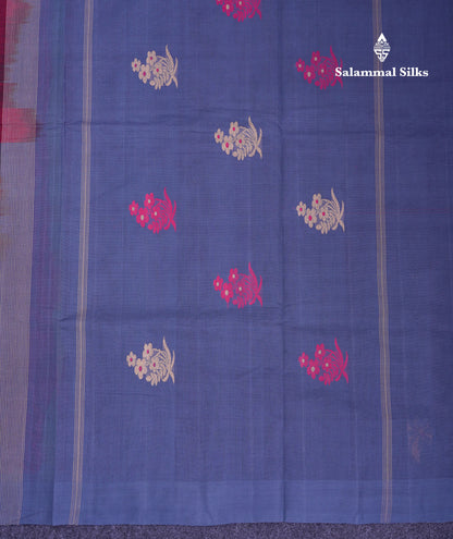 Beautiful Dark Maroon Thread Work Butta Handloom Pure Cotton Saree With Contrast Blueish Grey Blouse