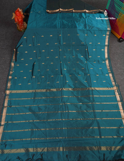 Semi Silk Saree - Teal Blue Colour Body Zari Butta With Traditional Small Border