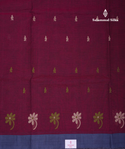 Beautiful Dark Maroon Thread Work Butta Handloom Pure Cotton Saree With Contrast Blueish Grey Blouse