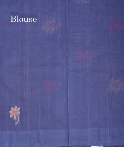 Beautiful Dark Maroon Thread Work Butta Handloom Pure Cotton Saree With Contrast Blueish Grey Blouse