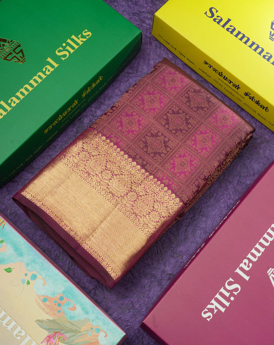 Magenta & Magenta Pink Checks Bridal Pure Kanjivaram Silk Saree With Self Border