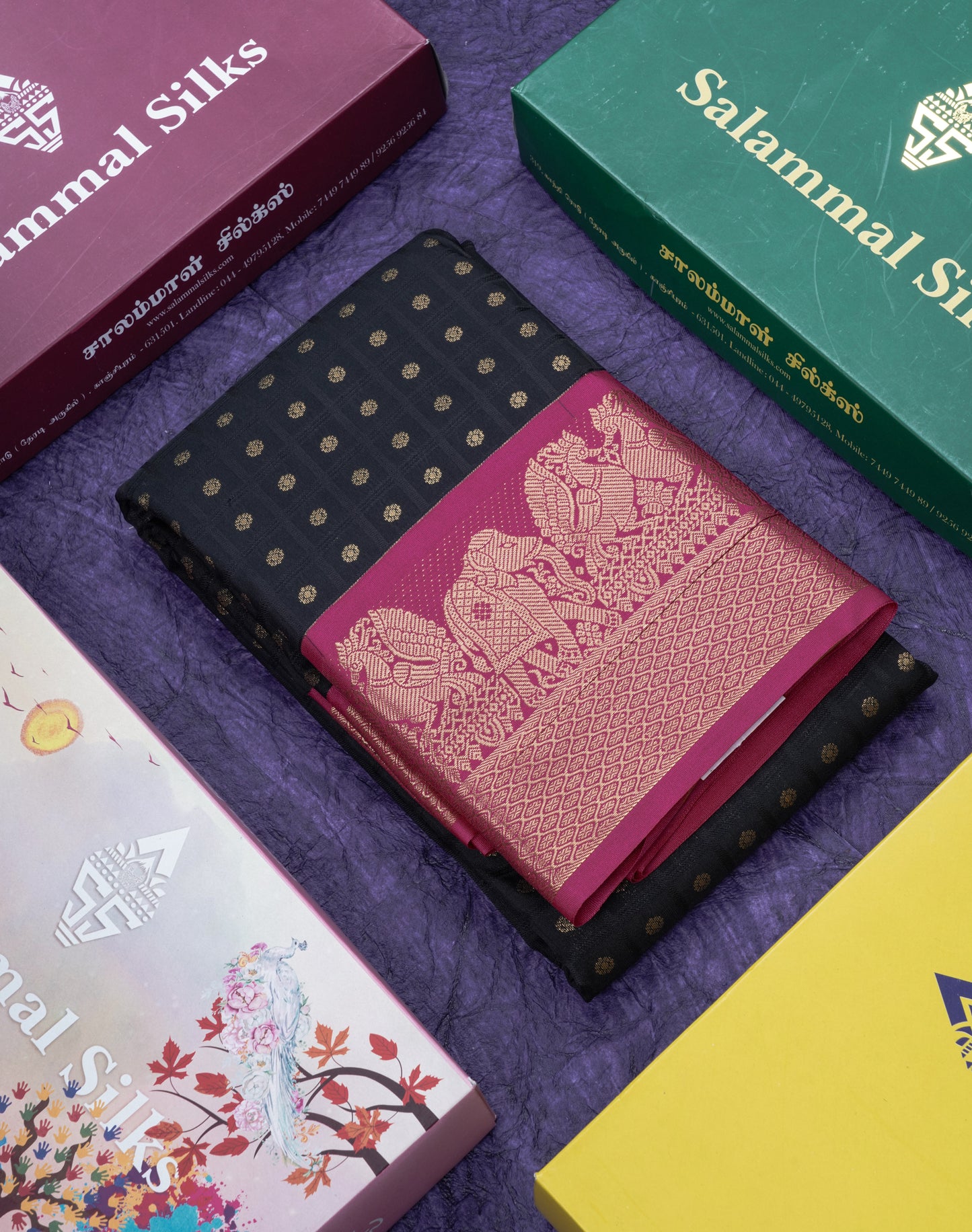 1000 Buttas Black Checks Semi Silk Saree With Contrast Pink Traditional Border