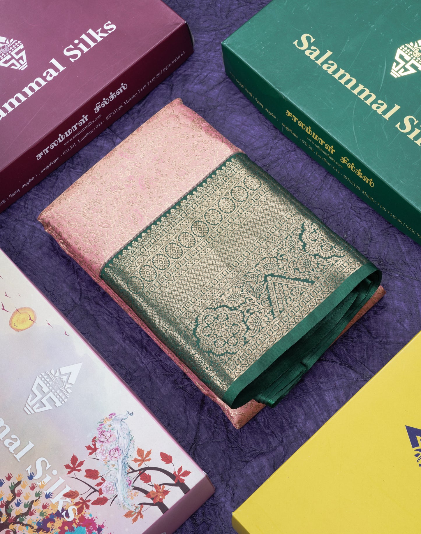 Pinkish Peach Bridal Tissue Semi Silk Saree With Contrast Bottle Green Border