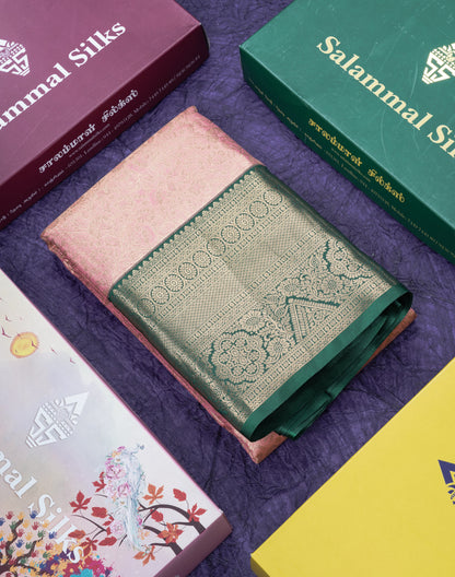 Pinkish Peach Bridal Tissue Semi Silk Saree With Contrast Bottle Green Border