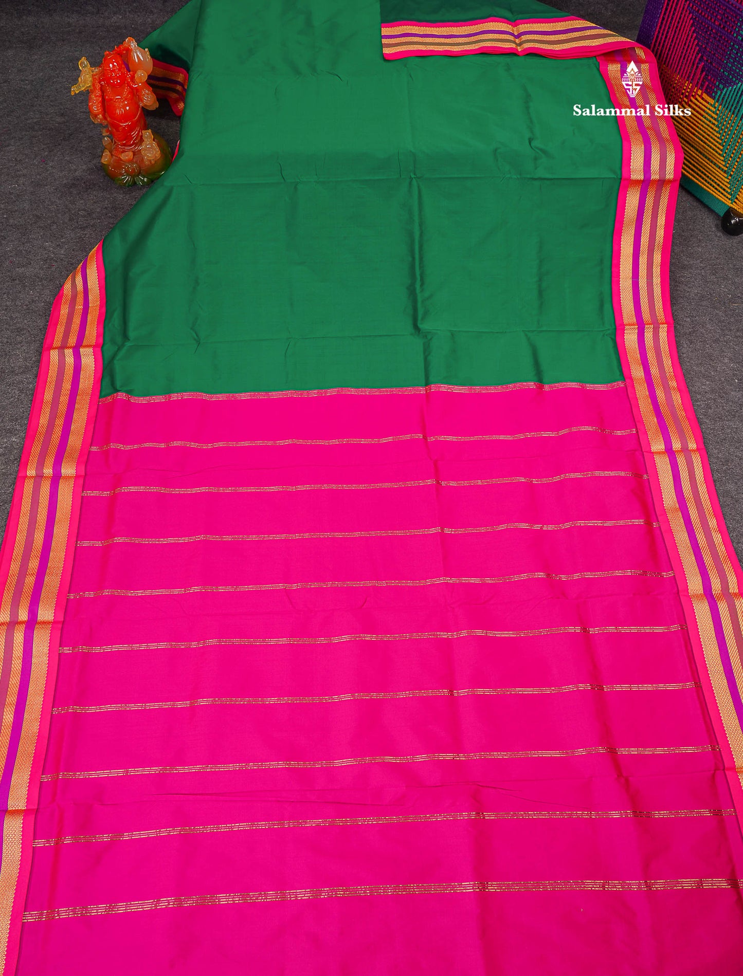 Semi Silk Saree - Chilly Red Colour Body Plain With Contrast Green Traditional Border | 10 Yards
