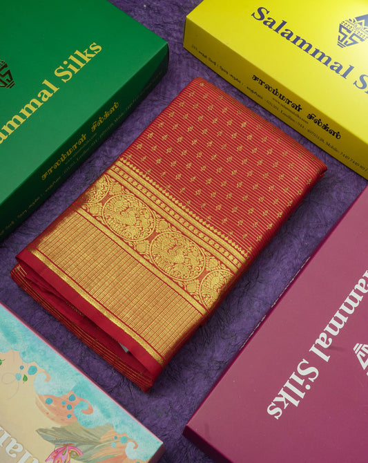 Kanjivaram Maroon Vaira oosi Pure Silk Saree With Traditional Gold Zari Border
