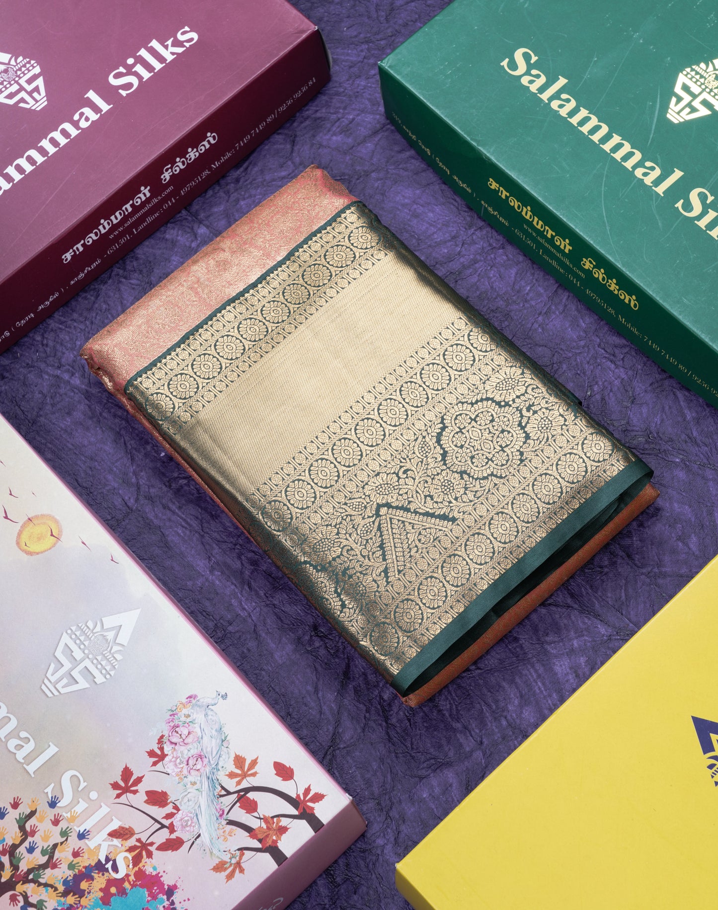 Peach Tissue Bridal Semi Silk Saree With Contrast Bottle Green Border