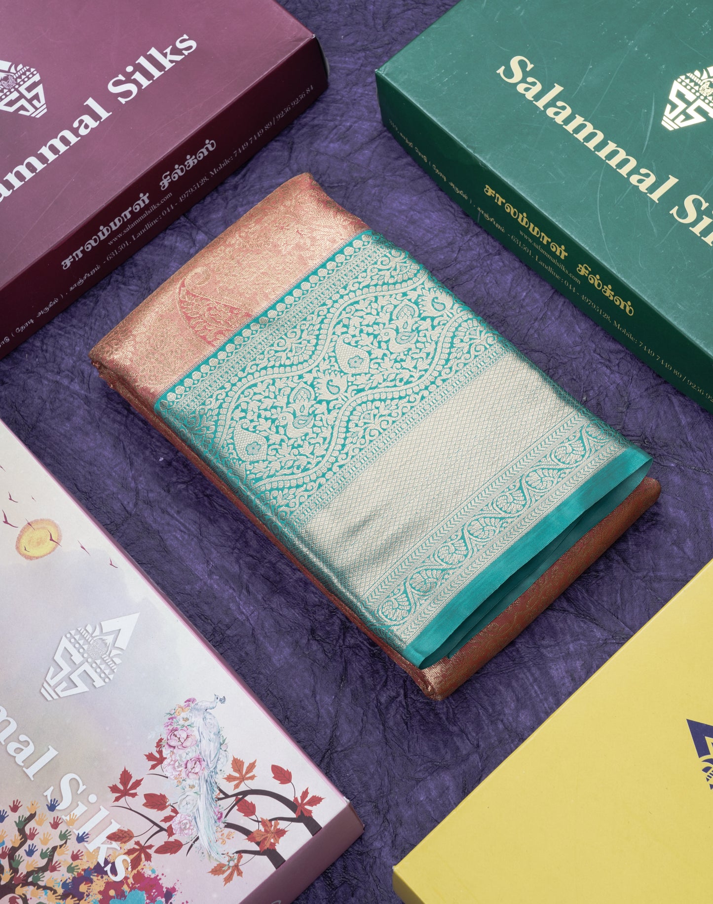 Orange Bridal Tissue Semi Silk Saree With Contrast Sapphire Green Border