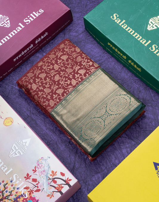 Red Bridal Semi Silk Saree With Contrast Bottle Green Border