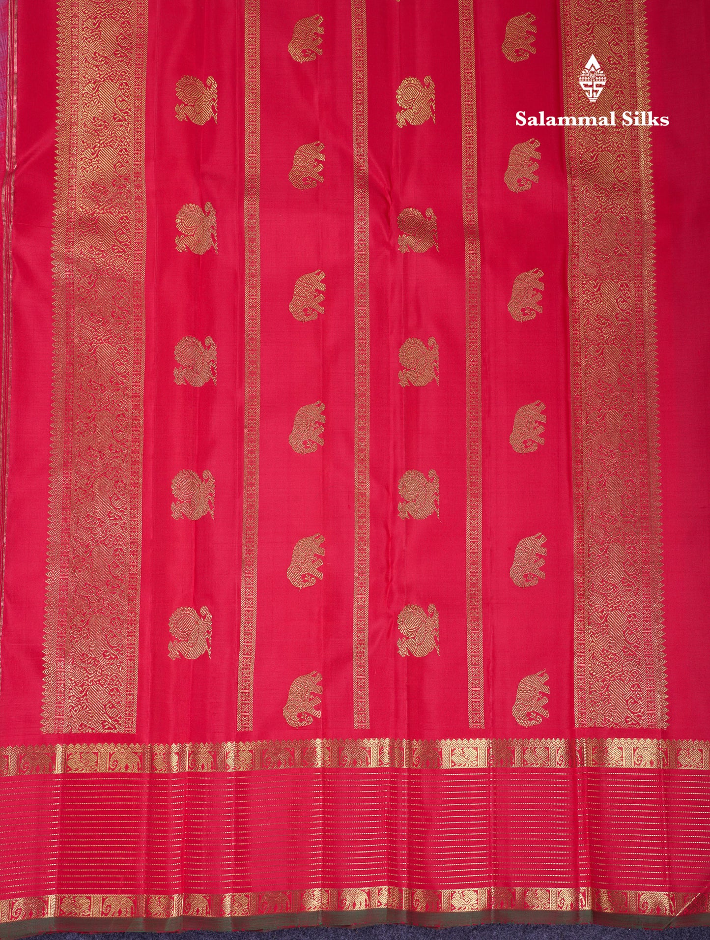 Beautiful Rexona Mayil & Chakaram Buttas Pure Kanjivaram Silk Saree Pure Zari with Contrast Chilly Red Traditional Temple Border