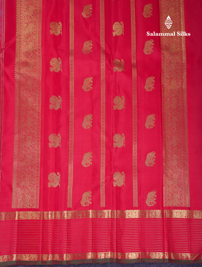 Beautiful Rexona Mayil & Chakaram Buttas Pure Kanjivaram Silk Saree Pure Zari with Contrast Chilly Red Traditional Temple Border