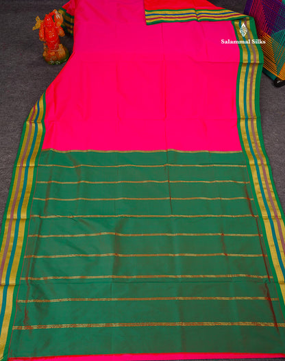 Semi Silk Saree - Chilly Red Colour Body Plain With Contrast Green Traditional Border | 10 Yards