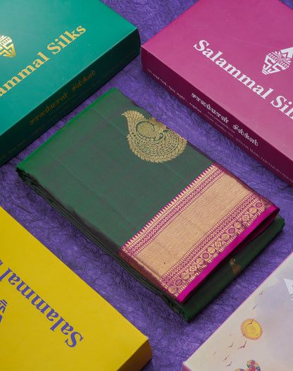 Beautiful Bottle Green Pure Kanjivaram Silk Saree With Contrast Magenta Traditional Border
