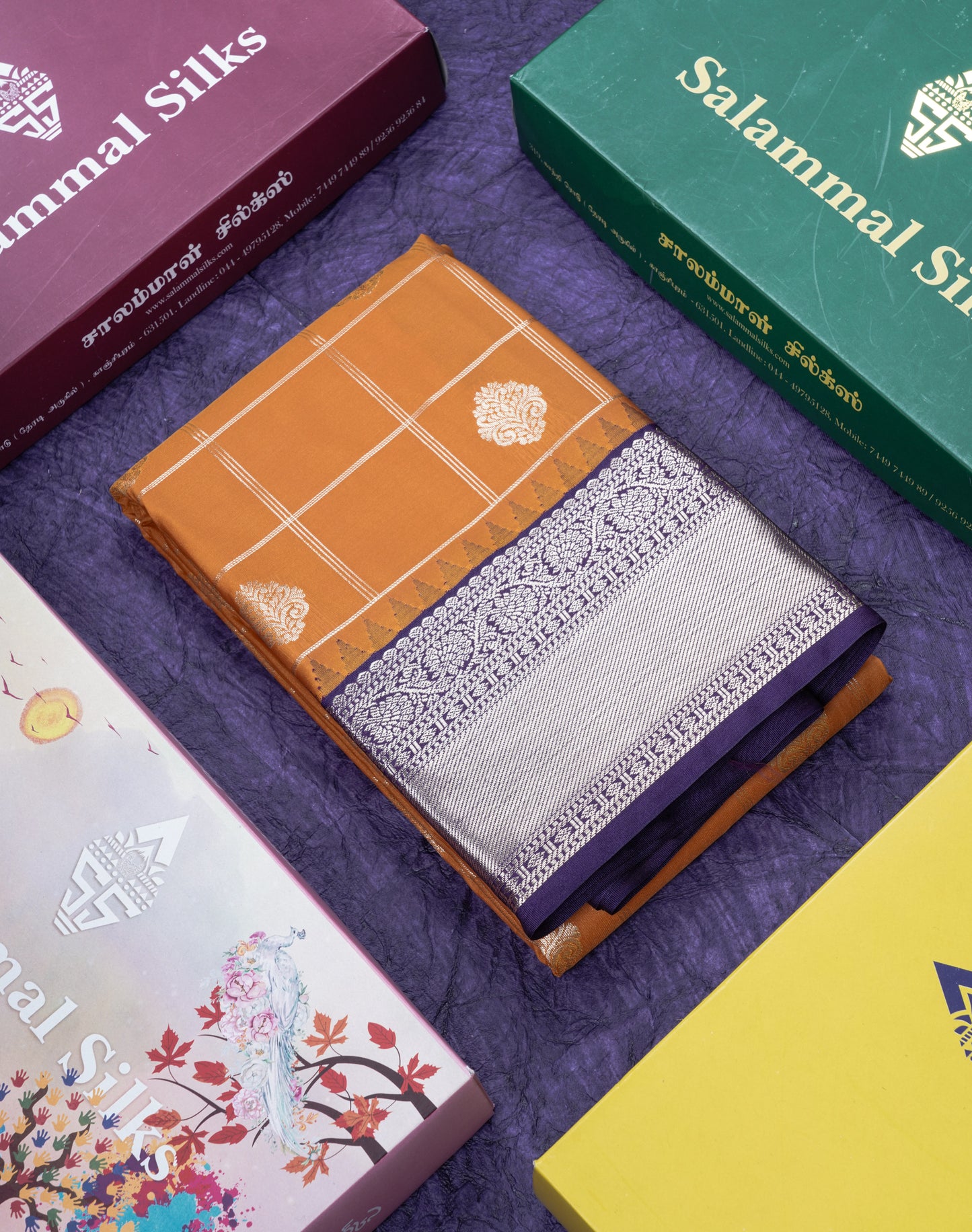 Mustard Yellow Semi Silk Saree With Contrast Violet Border