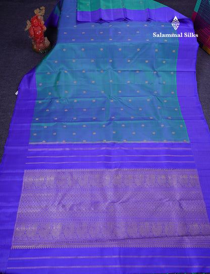 Beautiful Dual Tone Peacock Blue Mayil & Chakaram Buttas Pure Kanjivaram Silk Saree Pure Zari with Contrast Violet Traditional Border